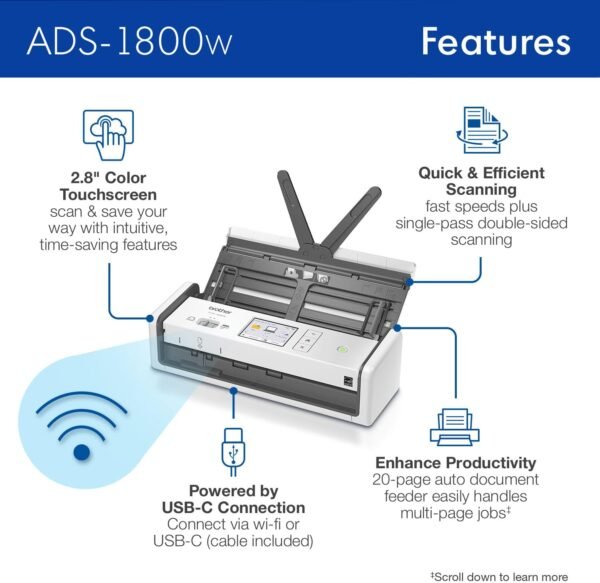 71NXgRjUXFL._AC_SL1500_ Brother ADS-1800W Wireless Desktop Scanner Review Fast Scanning Speeds and Compact Design