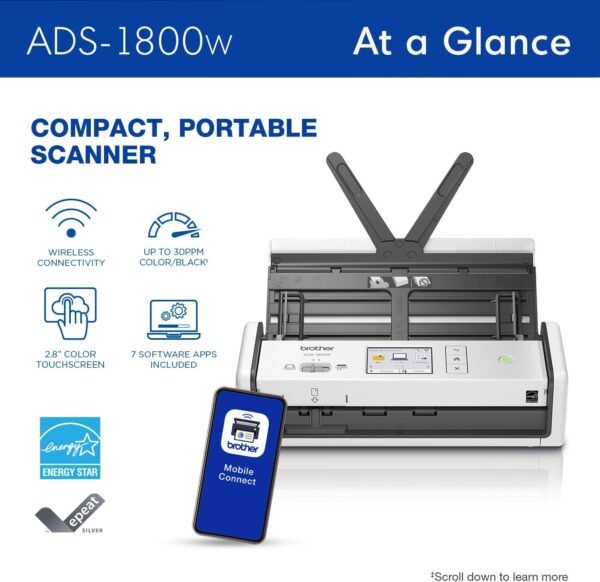71lDYUfMcTL._AC_SL1500_ Brother ADS-1800W Wireless Desktop Scanner Review Fast Scanning Speeds and Compact Design